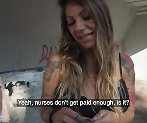 Public Agent  euro nurse transferred from different city takes cash to suck and fuck big black cock outdoors